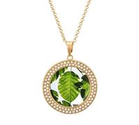 HETVBNS - Green Leaf Design Necklace, Alloy Round Pendant with Diamond, Elegant Pendant Necklace for Women Men, Una talla, Metal, Alloy.
