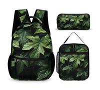 HETVBNS Green Leaves Pattern Backpack Set 3 Piece, Durable Backpack Insulated Lunch Bag Portable Pencil Case for Men Women