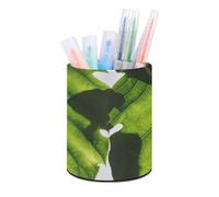 HETVBNS Green Leaves Pattern Pen Holder for Desk PU Leather Round Desk Organizer Multifunctional Makeup Brush Storage Aesthetic Desktop Supplies Stylish Pencil Holder for Office & Home