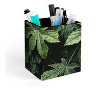 HETVBNS Green Leaves Pattern Pen Holder for Desk - PU Leather Square Desk Organizer Travel Makeup Brush Storage Stylish Pencil Holder Desktop Stationery Organizer for Office & Home