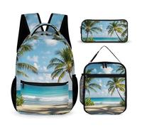 HETVBNS Green Palm Trees Ocean Backpack Set 3 Piece, Durable Backpack Insulated Lunch Bag Portable Pencil Case for Men Women