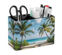 HETVBNS Green Palm Trees Ocean Pen Holder 2 Compartments, Minimalist PU Leather Pencil Holder for Desk, Non-Slip Brush Holder for Home, Office & Desk Accessory
