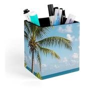 HETVBNS Green Palm Trees Ocean Pen Holder for Desk - PU Leather Square Desk Organizer Travel Makeup Brush Storage Stylish Pencil Holder Desktop Stationery Organizer for Office & Home