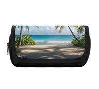 HETVBNS Green Palm Trees Ocean Pencil Case Extra Large, Double Layer Pencil Pouch with Zipper, Portable Cosmetic Bags for Travel, Office Stationery Organizer for Women Men