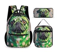 HETVBNS Green Polka Dot Pug Backpack Set 3 Piece, Durable Backpack Insulated Lunch Bag Portable Pencil Case for Men Women
