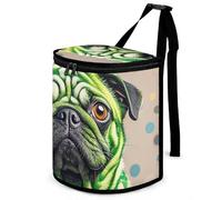 HETVBNS Green Polka Dot Pug Car Trash Can with Lid, Leakproof Hanging Automotive Trash Bin, Waterproof Garbage Storage Bag for Vehicles, RV, Bathroom, Office