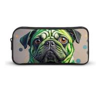 HETVBNS Green Polka Dot Pug Pencil Case Large Capacity Zipper Pouch, Durable Pencil Box Organizer, Portable Small Cosmetic Bag for Office, Travel