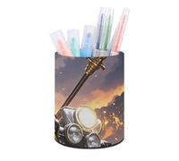 HETVBNS Guan Yu Rides A Motorcycle Pen Holder for Desk PU Leather Round Desk Organizer Multifunctional Makeup Brush Storage Aesthetic Desktop Supplies Stylish Pencil Holder for Office & Home