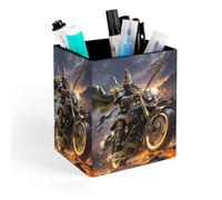 HETVBNS Guan Yu Rides A Motorcycle Pen Holder for Desk - PU Leather Square Desk Organizer Travel Makeup Brush Storage Stylish Pencil Holder Desktop Stationery Organizer for Office & Home