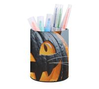 HETVBNS Halloween Black Cat Pumpkin Pen Holder for Desk PU Leather Round Desk Organizer Multifunctional Makeup Brush Storage Aesthetic Desktop Supplies Stylish Pencil Holder for Office & Home