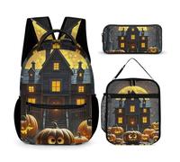 HETVBNS Halloween Night Backpack Set 3 Piece, Durable Backpack Insulated Lunch Bag Portable Pencil Case for Men Women