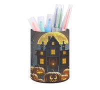 HETVBNS Halloween Night Pen Holder for Desk PU Leather Round Desk Organizer Multifunctional Makeup Brush Storage Aesthetic Desktop Supplies Stylish Pencil Holder for Office & Home