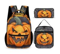 HETVBNS Halloween Pumpkin Backpack Set 3 Piece, Durable Backpack Insulated Lunch Bag Portable Pencil Case for Men Women