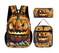 HETVBNS Halloween Pumpkin Monster Backpack Set 3 Piece, Durable Backpack Insulated Lunch Bag Portable Pencil Case for Men Women