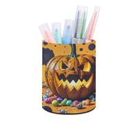 HETVBNS Halloween Pumpkin Monster Pen Holder for Desk PU Leather Round Desk Organizer Multifunctional Makeup Brush Storage Aesthetic Desktop Supplies Stylish Pencil Holder for Office & Home