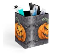 HETVBNS Halloween Pumpkin Pen Holder for Desk - PU Leather Square Desk Organizer Travel Makeup Brush Storage Stylish Pencil Holder Desktop Stationery Organizer for Office & Home