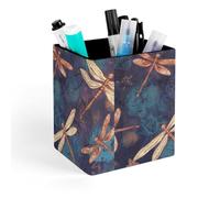 HETVBNS Hand Painted Dragonfly Pen Holder for Desk - PU Leather Square Desk Organizer Travel Makeup Brush Storage Stylish Pencil Holder Desktop Stationery Organizer for Office & Home