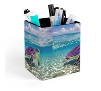 HETVBNS Hawaii with Purple Sea Turtle Pen Holder for Desk - PU Leather Square Desk Organizer Travel Makeup Brush Storage Stylish Pencil Holder Desktop Stationery Organizer for Office & Home