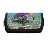 HETVBNS Hawaii with Purple Sea Turtle Pencil Case Extra Large, Double Layer Pencil Pouch with Zipper, Portable Cosmetic Bags for Travel, Office Stationery Organizer for Women Men