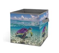 HETVBNS Hawaii with Purple Sea Turtle Storage Bins 10.6 Inch, Oxford Fabric Foldable Storage Cube Organizer Basket with Handles, Fabric Bins for Closet Shelves, Toys, Clothes, Books, Bedroom