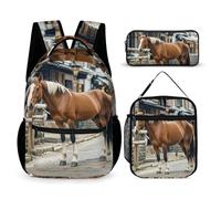 HETVBNS Horse in The Street Backpack Set 3 Piece, Durable Backpack Insulated Lunch Bag Portable Pencil Case for Men Women