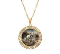 HETVBNS - Horse necklace for running in the field, round pendant alloy with diamond, elegant pendant necklace for women men, Una talla, Metal, Alloy.