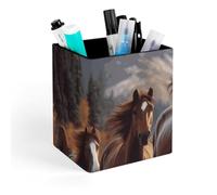 HETVBNS Horses Pen Holder for Desk - PU Leather Square Desk Organizer Travel Makeup Brush Storage Stylish Pencil Holder Desktop Stationery Organizer for Office & Home