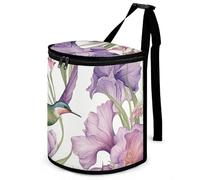 HETVBNS Hummingbirds Irises Flowers Car Trash Can with Lid, Leakproof Hanging Automotive Trash Bin, Waterproof Garbage Storage Bag for Vehicles, RV, Bathroom, Office
