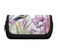 HETVBNS Hummingbirds Irises Flowers Pencil Case Extra Large, Double Layer Pencil Pouch with Zipper, Portable Cosmetic Bags for Travel, Office Stationery Organizer for Women Men