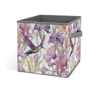 HETVBNS Hummingbirds Irises Flowers Storage Bins 10.6 Inch, Oxford Fabric Foldable Storage Cube Organizer Basket with Handles, Fabric Bins for Closet Shelves, Toys, Clothes, Books, Bedroom