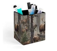 HETVBNS Hunting Deer Bear Elk Pen Holder for Desk - PU Leather Square Desk Organizer Travel Makeup Brush Storage Stylish Pencil Holder Desktop Stationery Organizer for Office & Home