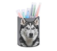 HETVBNS Husky Dog Pen Holder for Desk PU Leather Round Desk Organizer Multifunctional Makeup Brush Storage Aesthetic Desktop Supplies Stylish Pencil Holder for Office & Home