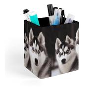 HETVBNS Husky Dog Pen Holder for Desk - PU Leather Square Desk Organizer Travel Makeup Brush Storage Stylish Pencil Holder Desktop Stationery Organizer for Office & Home