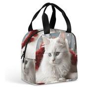 HETVBNS Insulated Lunch Bag for Women Men, Cute White Cat Lunch Box with Large Capacity Portable Thermal Cooler Bag Reusable Leakproof Lunchbox for Work Picnic Travel