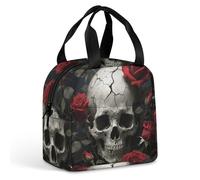 HETVBNS Insulated Lunch Bag for Women Men, Skull Rose Lunch Box with Large Capacity Portable Thermal Cooler Bag Reusable Leakproof Lunchbox for Work Picnic Travel