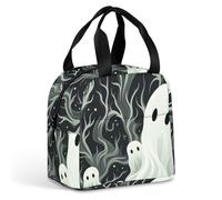 HETVBNS Insulated Lunch Bag for Women Men, White Patterned Ghost Lunch Box with Large Capacity Portable Thermal Cooler Bag Reusable Leakproof Lunchbox for Work Picnic Travel