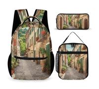 HETVBNS Italy Street Backpack Set 3 Piece, Durable Backpack Insulated Lunch Bag Portable Pencil Case for Men Women