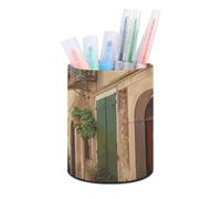 HETVBNS Italy Street Pen Holder for Desk PU Leather Round Desk Organizer Multifunctional Makeup Brush Storage Aesthetic Desktop Supplies Stylish Pencil Holder for Office & Home