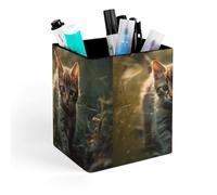 HETVBNS Kitten Walking on The Grass Pen Holder for Desk - PU Leather Square Desk Organizer Travel Makeup Brush Storage Stylish Pencil Holder Desktop Stationery Organizer for Office & Home