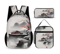 HETVBNS Landscape Flowers Backpack Set 3 Piece, Durable Backpack Insulated Lunch Bag Portable Pencil Case for Men Women