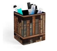 HETVBNS Library Bookshelf Book Pen Holder for Desk - PU Leather Square Desk Organizer Travel Makeup Brush Storage Stylish Pencil Holder Desktop Stationery Organizer for Office & Home