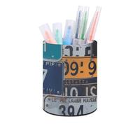 HETVBNS License Plate Pen Holder for Desk PU Leather Round Desk Organizer Multifunctional Makeup Brush Storage Aesthetic Desktop Supplies Stylish Pencil Holder for Office & Home