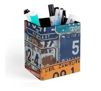 HETVBNS License Plate Pen Holder for Desk - PU Leather Square Desk Organizer Travel Makeup Brush Storage Stylish Pencil Holder Desktop Stationery Organizer for Office & Home