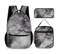 HETVBNS Light Black Marble Backpack Set 3 Piece, Durable Backpack Insulated Lunch Bag Portable Pencil Case for Men Women