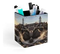HETVBNS Lighthouse Rocks Seaside Pen Holder for Desk - PU Leather Square Desk Organizer Travel Makeup Brush Storage Stylish Pencil Holder Desktop Stationery Organizer for Office & Home