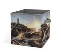HETVBNS Lighthouse Rocks Seaside Storage Bins 10.6 Inch, Oxford Fabric Foldable Storage Cube Organizer Basket with Handles, Fabric Bins for Closet Shelves, Toys, Clothes, Books, Bedroom