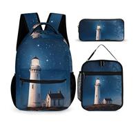 HETVBNS Lighthouse Under Starry Night Sky Backpack Set 3 Piece, Durable Backpack Insulated Lunch Bag Portable Pencil Case for Men Women