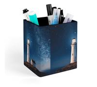 HETVBNS Lighthouse Under Starry Night Sky Pen Holder for Desk - PU Leather Square Desk Organizer Travel Makeup Brush Storage Stylish Pencil Holder Desktop Stationery Organizer for Office & Home