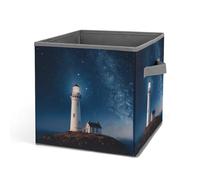 HETVBNS Lighthouse Under Starry Night Sky Storage Bins 10.6 Inch, Oxford Fabric Foldable Storage Cube Organizer Basket with Handles, Fabric Bins for Closet Shelves, Toys, Clothes, Books, Bedroom