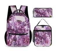 HETVBNS Lilac Flowers Backpack Set 3 Piece, Durable Backpack Insulated Lunch Bag Portable Pencil Case for Men Women